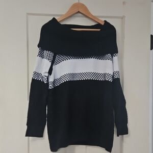Calvin Klein Black and White Off-Shoulder Striped Sweater